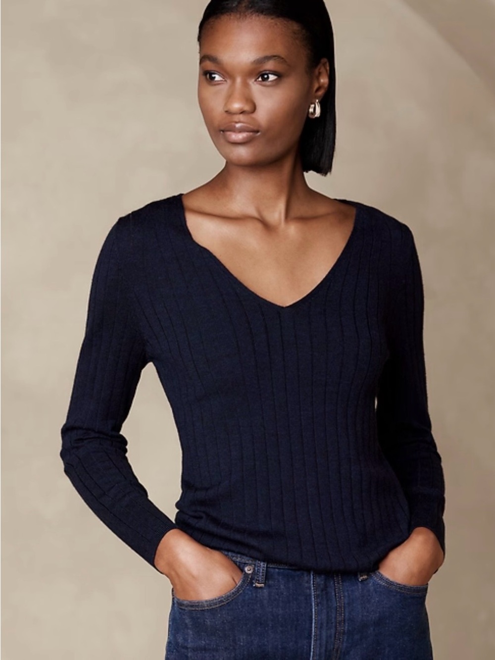 Banana Republic Soft Merino Navy Ribbed V-Neck Sweater, Petite L